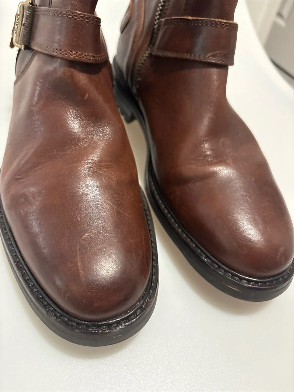 Mens Belstaff brown leather biker metal strap mid high boots size 9.5